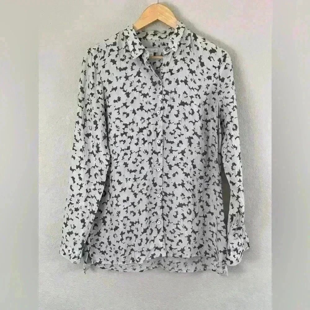 J Jill Love Linen Button Down Long Sleeve Gray Floral Shirt Women's Small Tall